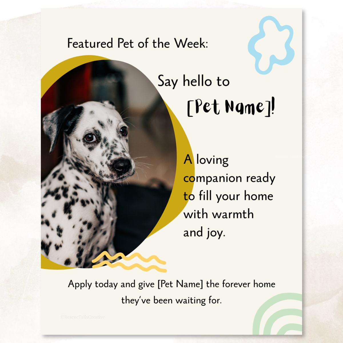 Featured pet Instagram template showing an adoptable rescue dog with a pet name and caption